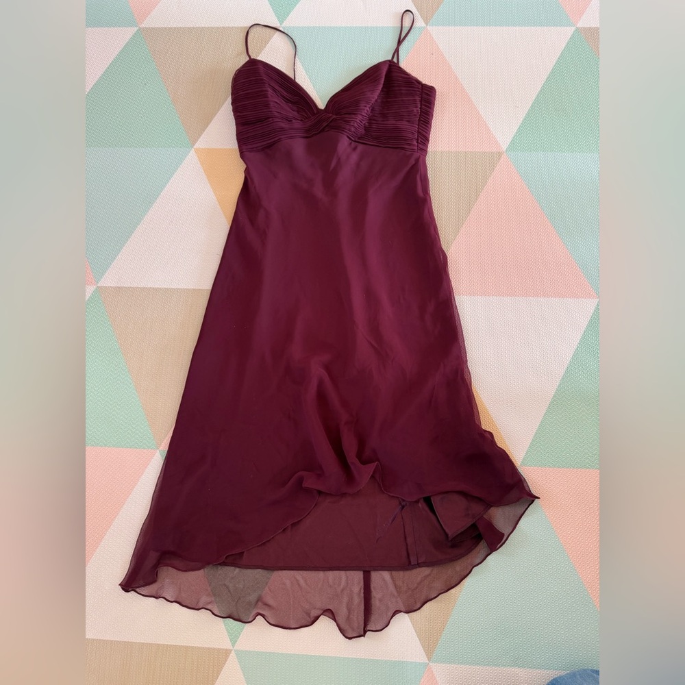 90s Women's Asymmetrical Burgundy Spaghetti-Strap Dress Size 8